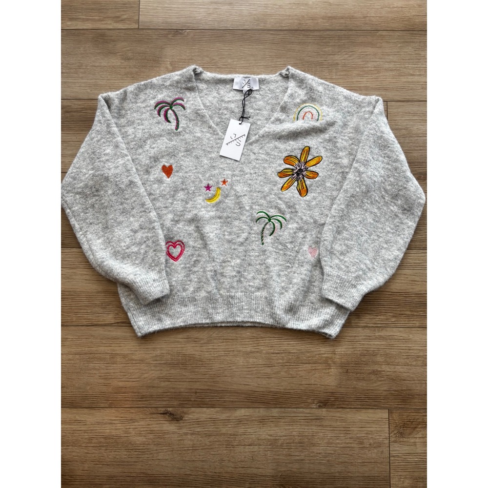 JS Millenium Womens Embroidered V-Neck Wool Blend Sweater Grey NWT Embroidered